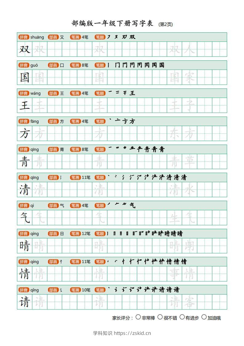 图片[2]-一年级语文下册写字表描红(含拼音笔顺词组)（20页）PDF（部编版）-知识笔记
