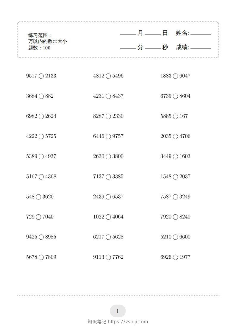 二年级数学下册口算题(万以内的数比大小)500题（人教版）-知识笔记