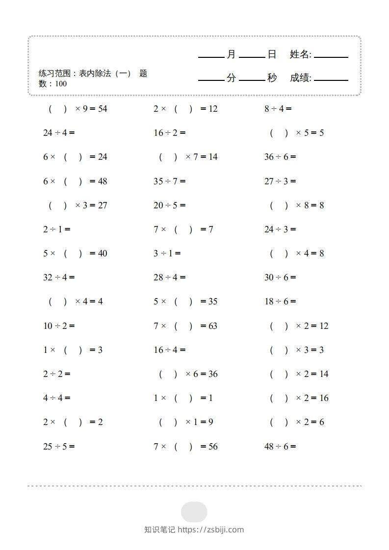 图片[3]-二年级数学下册▲口算题（表内除法(一)）连打版（人教版）-知识笔记