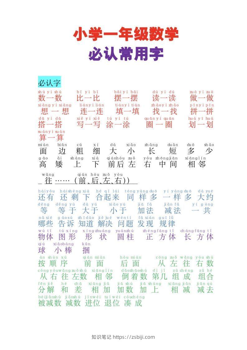一年级数学必认常用字-知识笔记