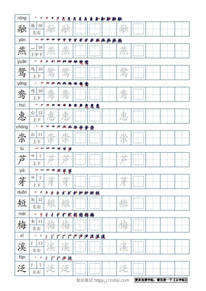 三年级语文下册生字表250个，字帖21页（带偏旁部首、笔顺，拼音）（部编版）-知识笔记