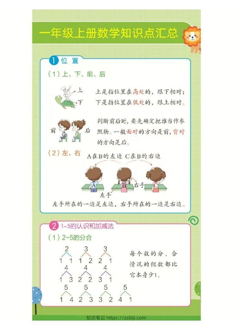 ❤一年级上册数学知识点汇总RJ-知识笔记