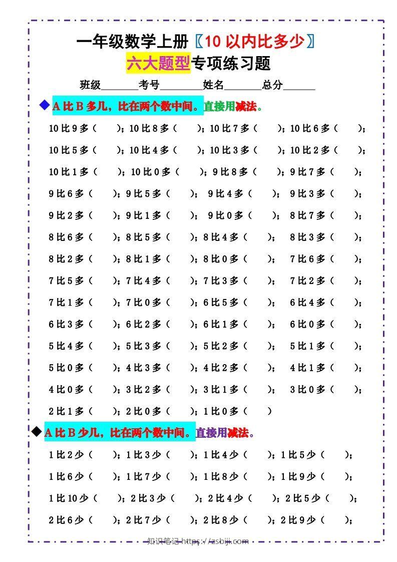 一上数学-《10以内比多少》填空题六大题型（含答案）-知识笔记