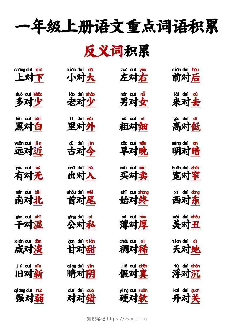 【反义词对子歌】一上语文-知识笔记