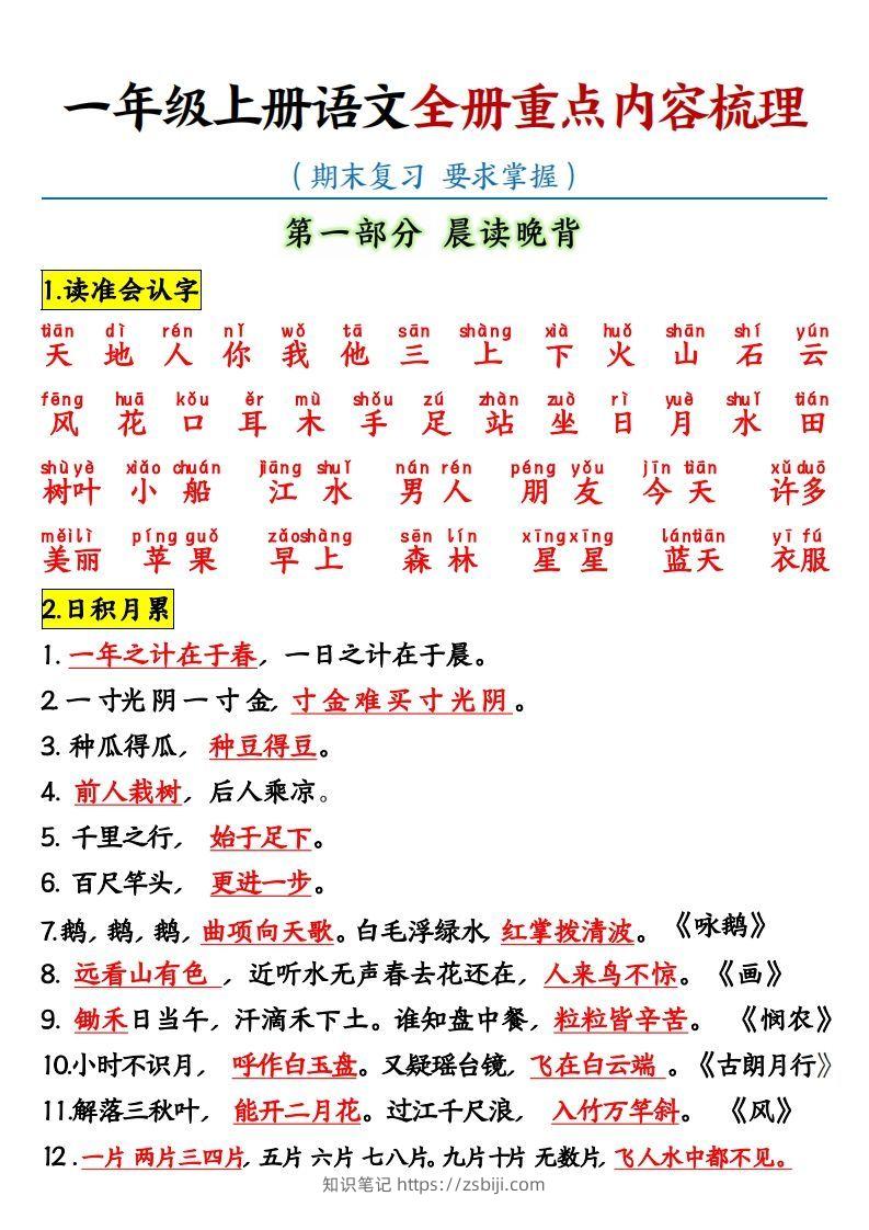 【全册重点知识点汇总】一上语文-知识笔记