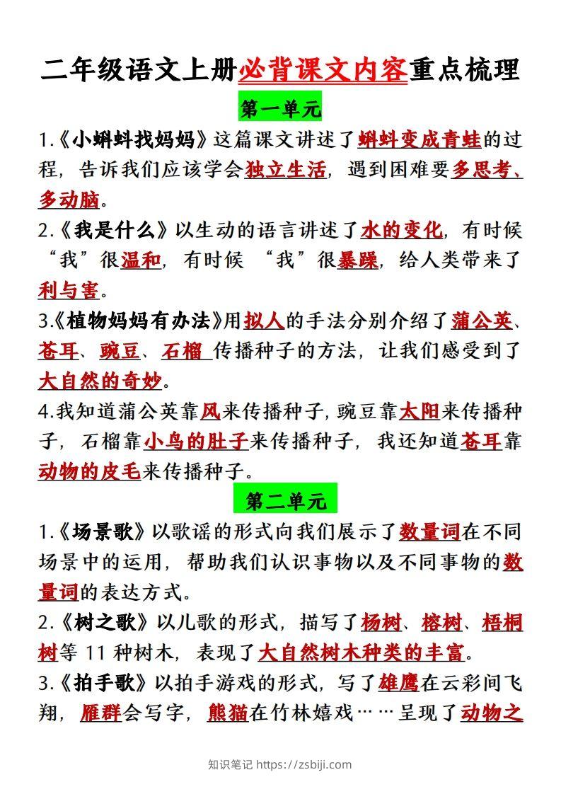 【单元必背课文内容重点梳理】二上语文-知识笔记