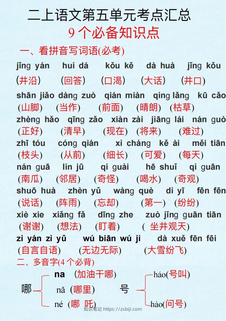 二上语文第五单元考点汇总-知识笔记