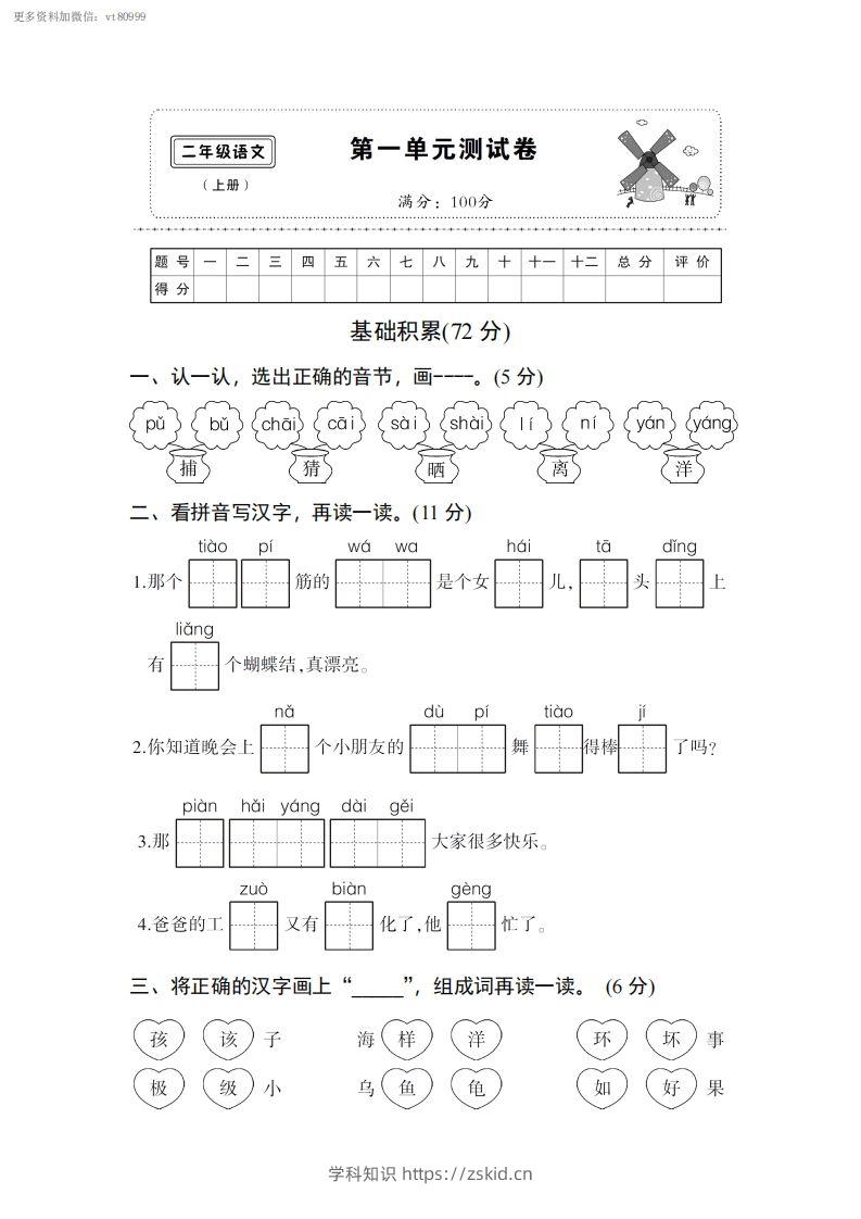 二上语文第一单元综合测试卷-知识笔记
