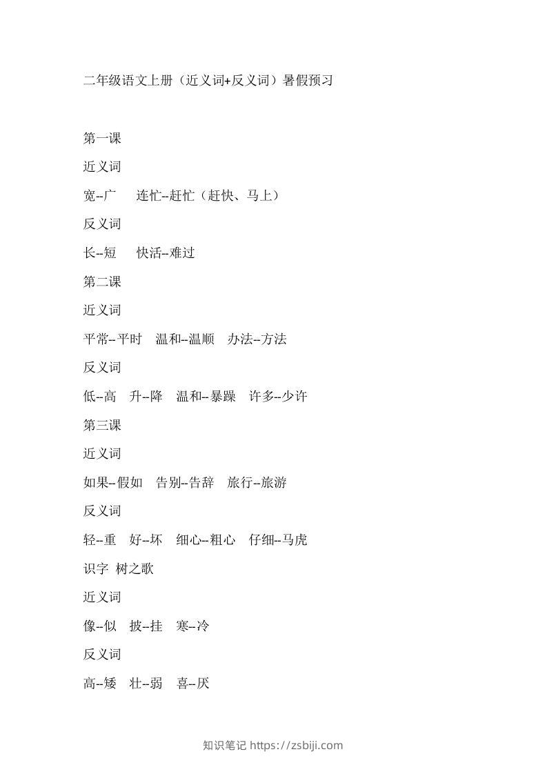 二上语文近反义词汇总-知识笔记