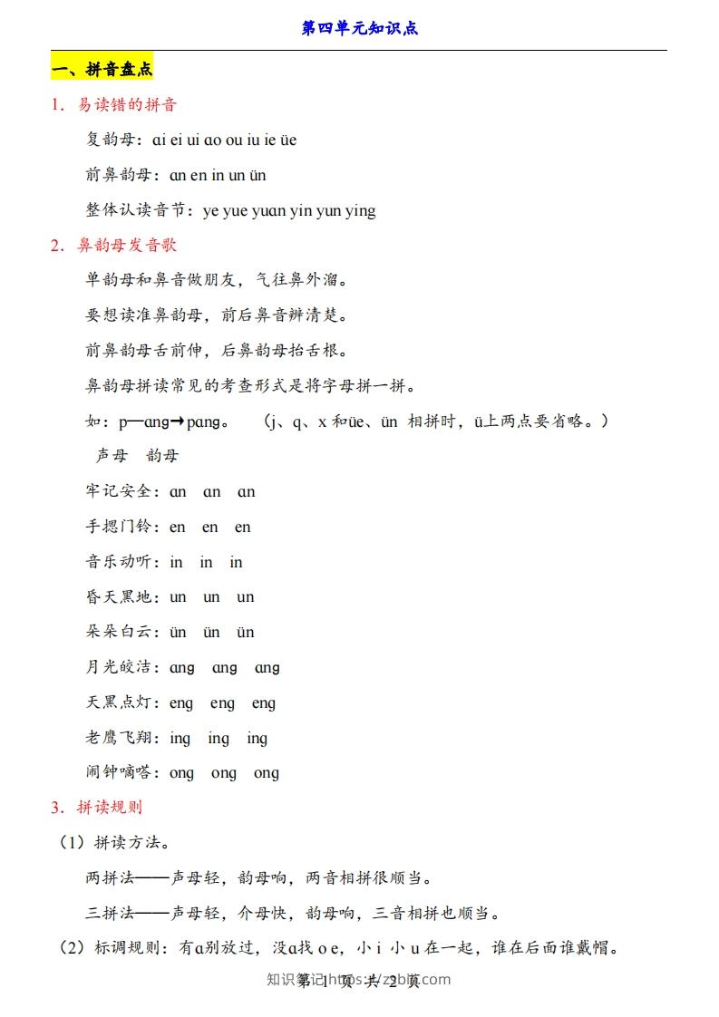 【24新教材】一上语文第4单元知识点梳理-知识笔记