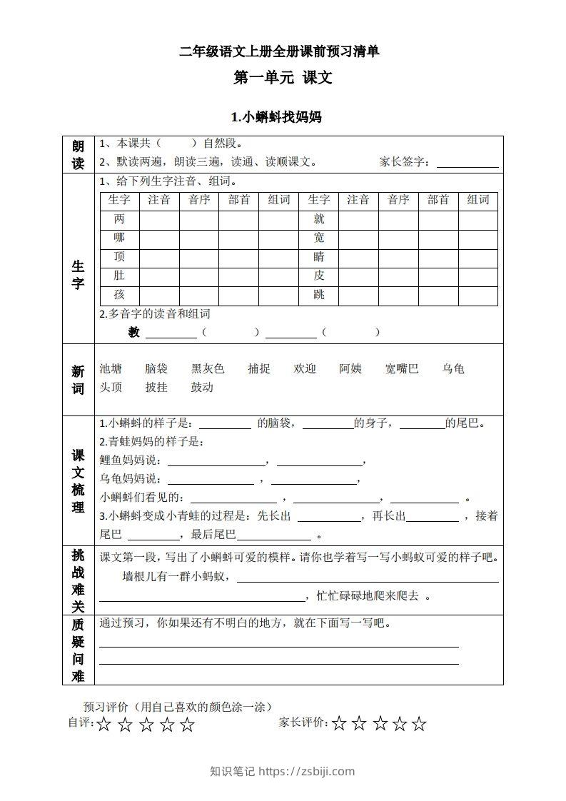二上语文课前预习清单（课）-知识笔记