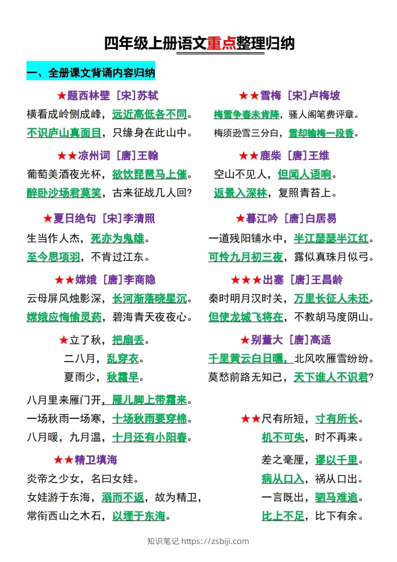 【四上】语文必背汇总-知识笔记
