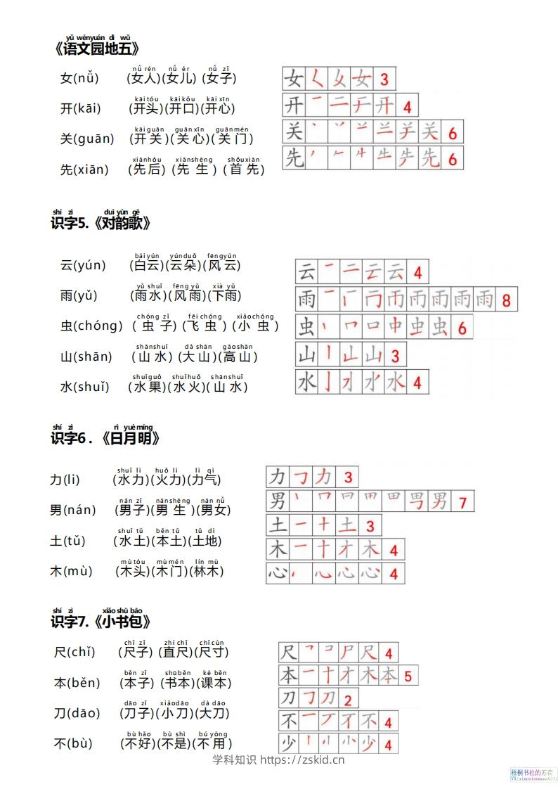 图片[3]-【24新版】一上语文课课贴（生字笔顺、拼音、组词）-知识笔记