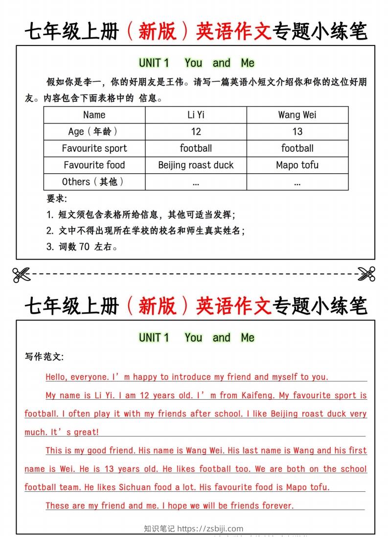 七年级上册（新版）英语作文专题小练笔-知识笔记