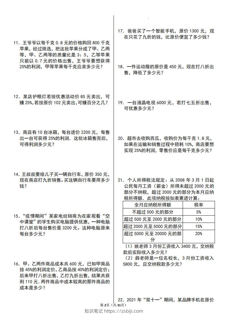 图片[2]-六年级数学上册百分数应用题60题-知识笔记