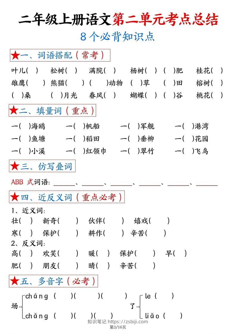 图片[3]-【空白版】二年级上册语文1-8单元考点总结-知识笔记