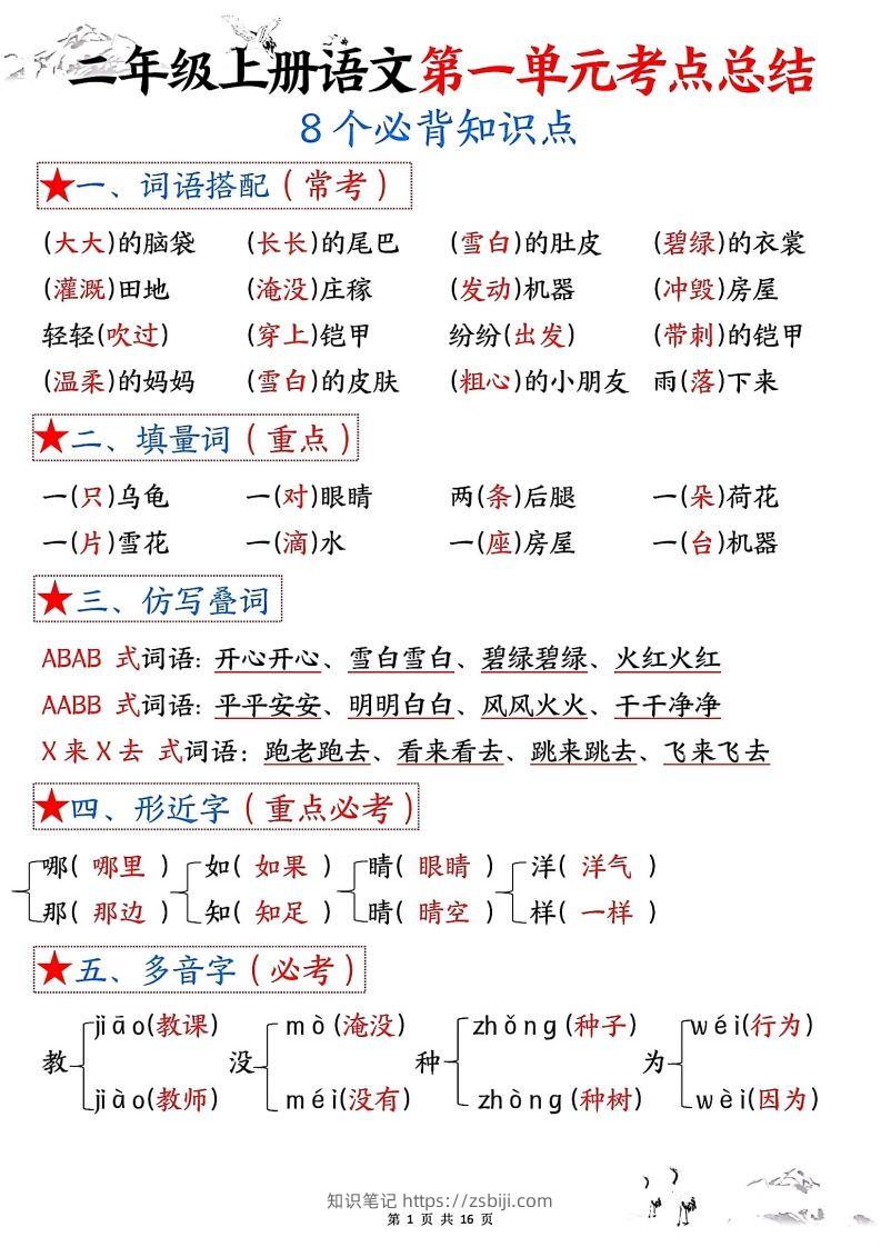 二年级上册语文1-8单元考点总结-知识笔记