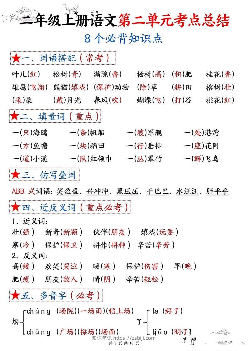 图片[3]-二年级上册语文1-8单元考点总结-知识笔记