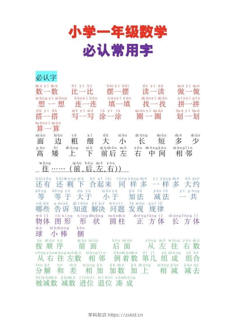 一年级上册数学必认常用字-知识笔记