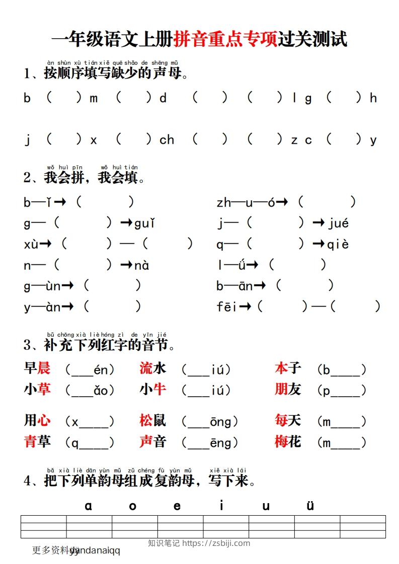 一上语文拼音重点专项过关测试-知识笔记
