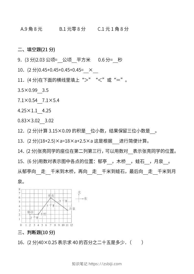 图片[2]-人教版五年级上册数学月考评价测试卷（含答案）-知识笔记