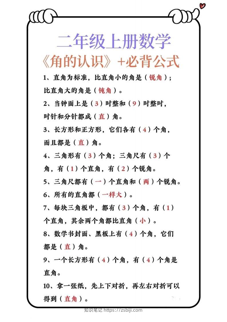 二上数学角的认识必背公式-知识笔记