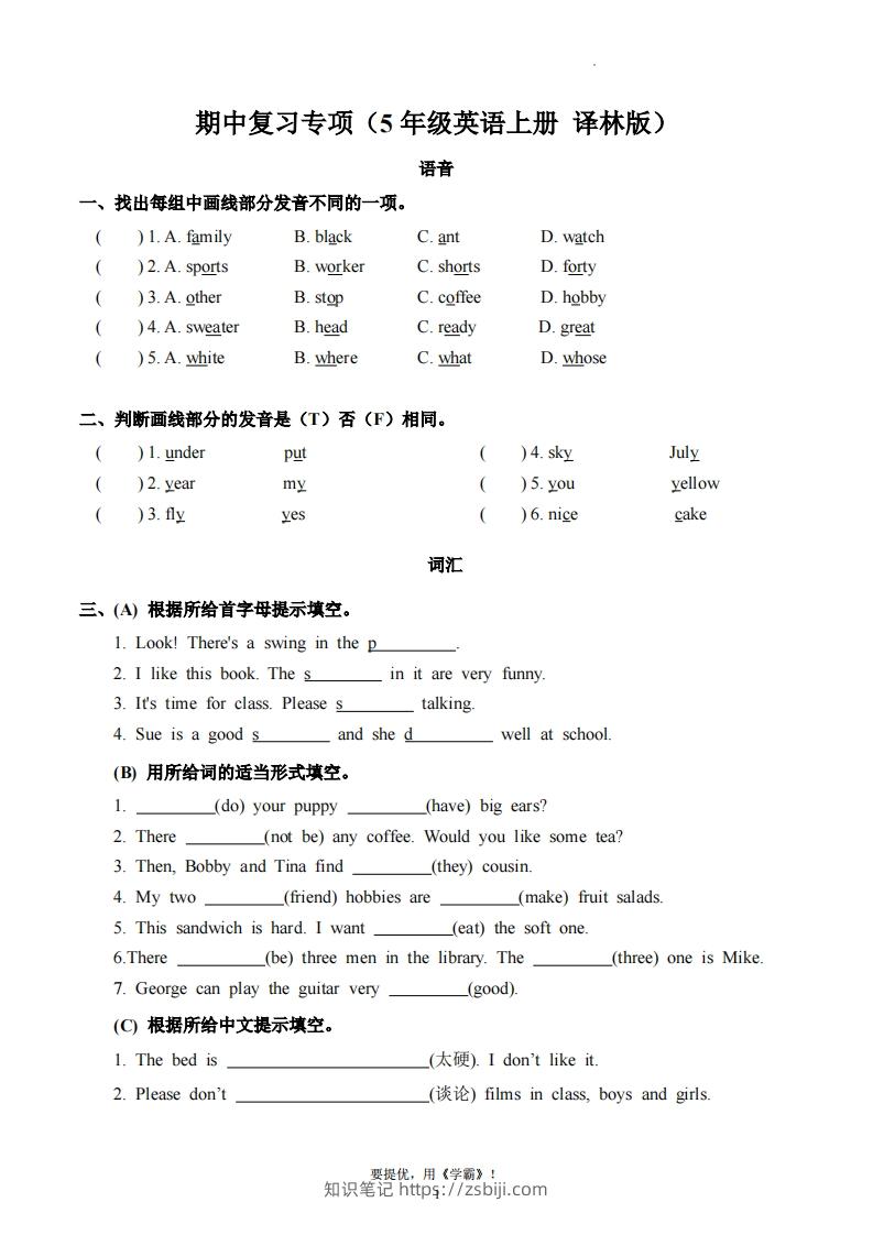 期中复习专项（五上英语译林版）-知识笔记
