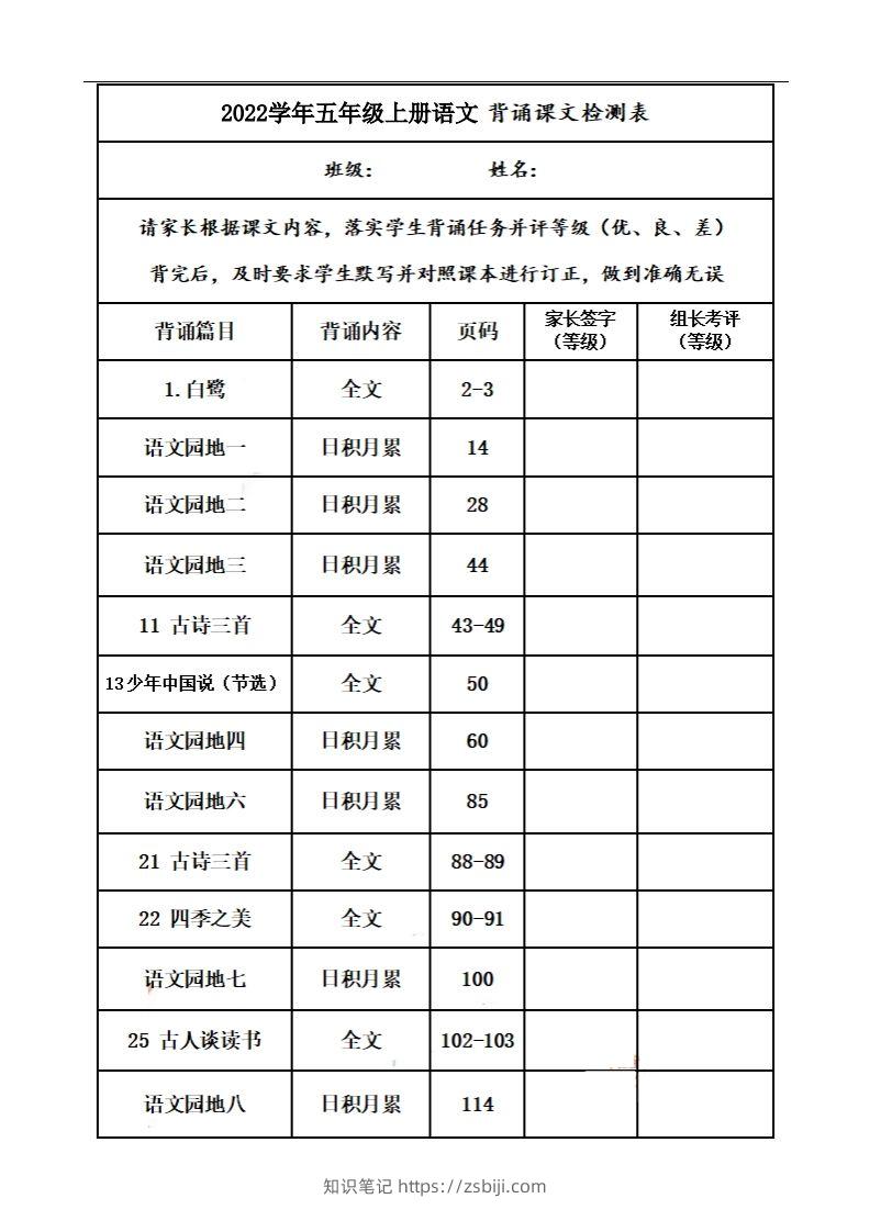 五上语文：课文背诵内容及闯关表-知识笔记