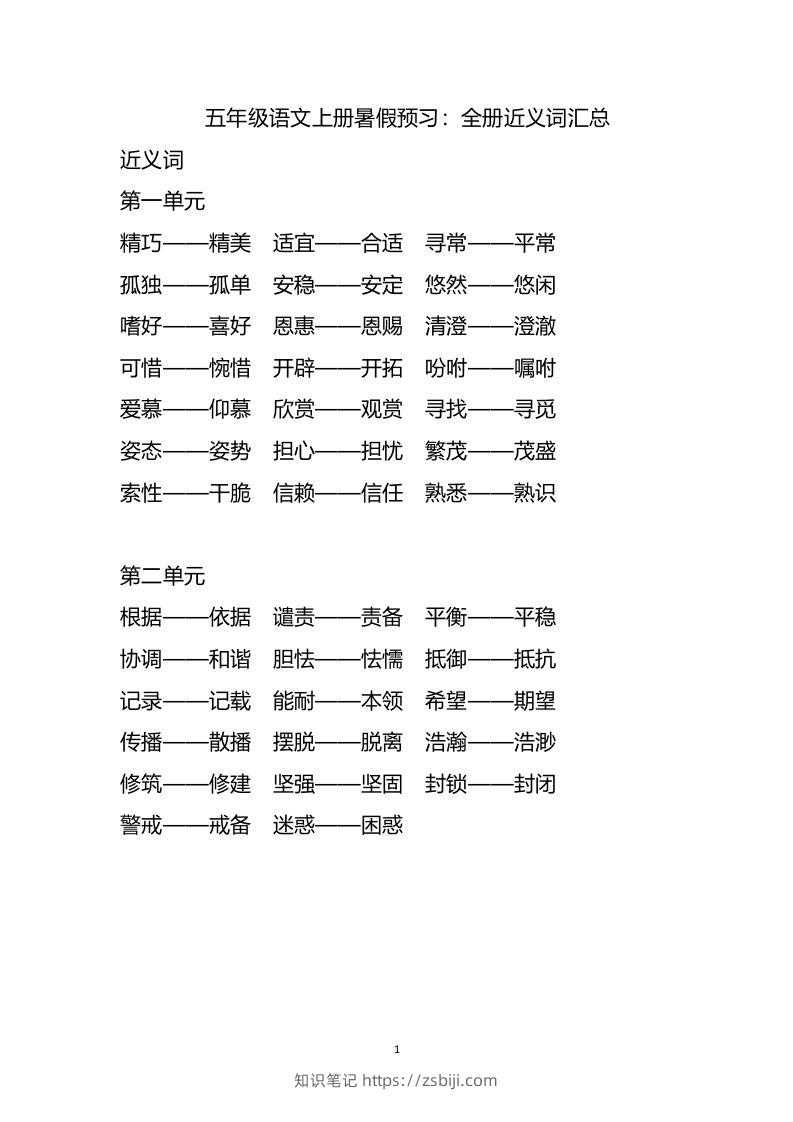 五上语文近.反义词汇总-知识笔记