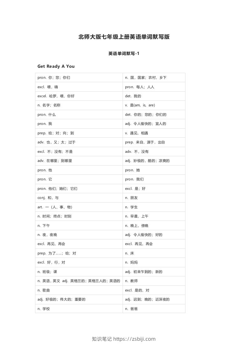北师大版七年级上册英语单词默写表-知识笔记
