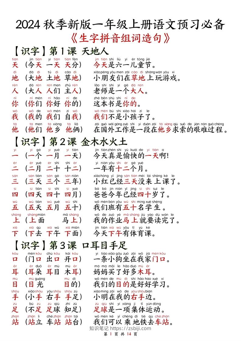 一年级上册语文单元知识要点之生字拼音组词造句-知识笔记
