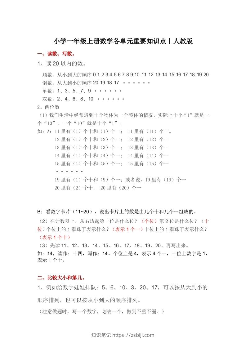 人教版一年级数学上册概念知识点整理-知识笔记