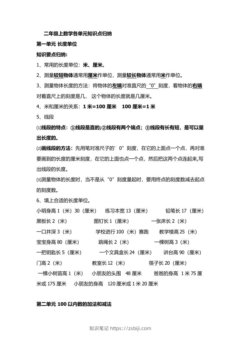 人教版二年级数学上册概念知识点整理-知识笔记