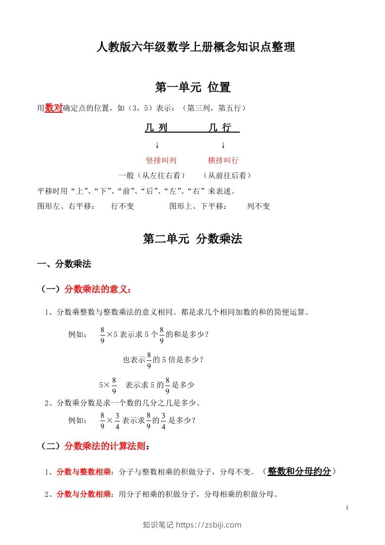 人教版六年级数学上册概念知识点整理-知识笔记