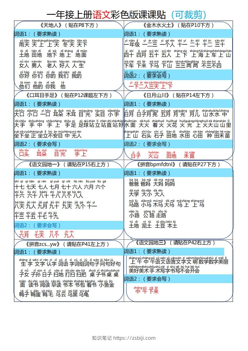 24秋一年级上册语文彩色课课贴-知识笔记