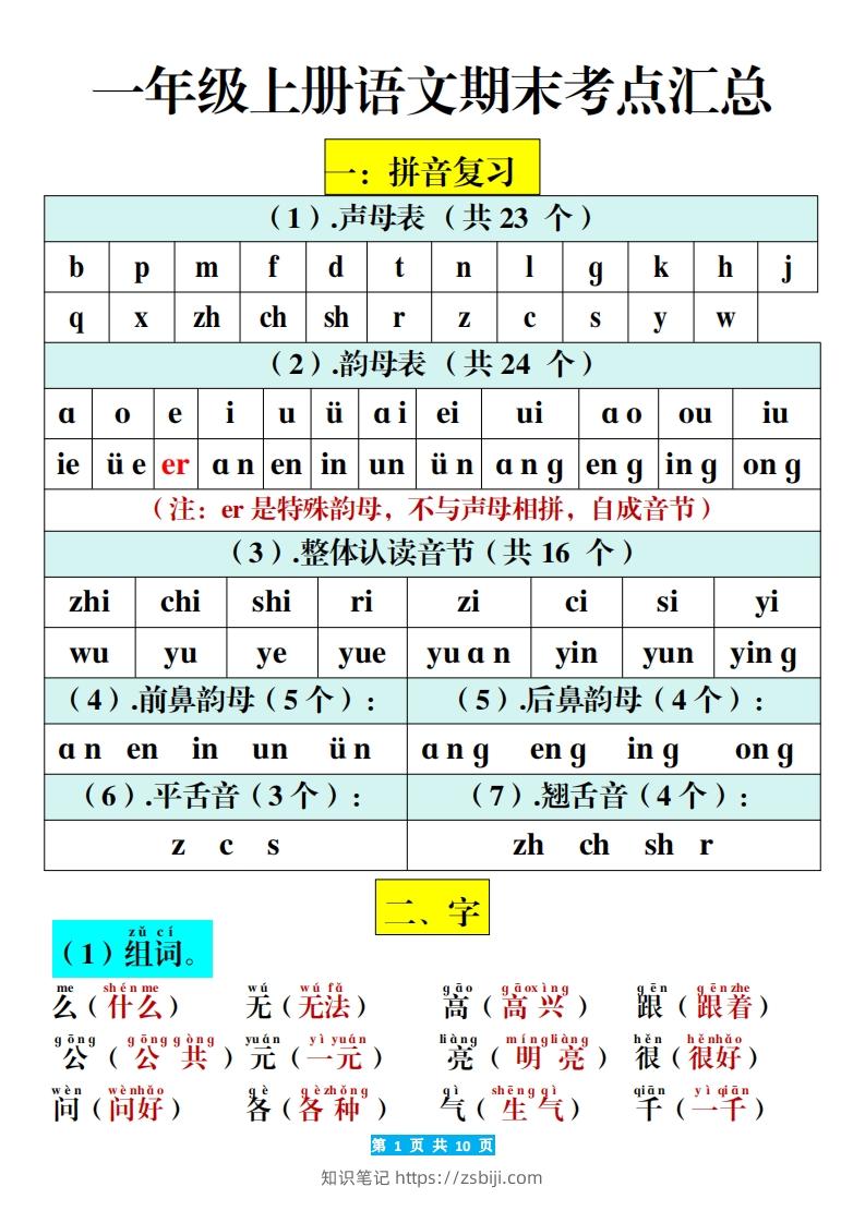 一年级上册语文期末考考点汇总-知识笔记
