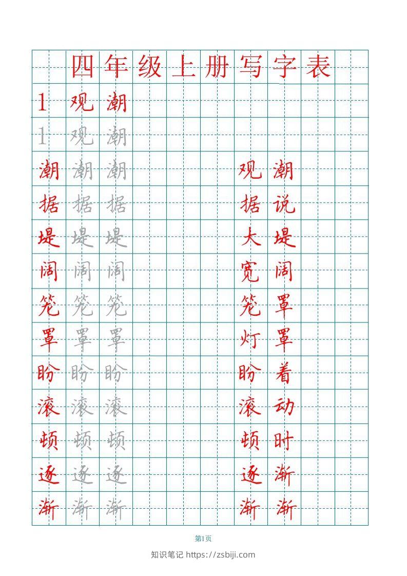 四（上）语文写字表描红字帖.-知识笔记