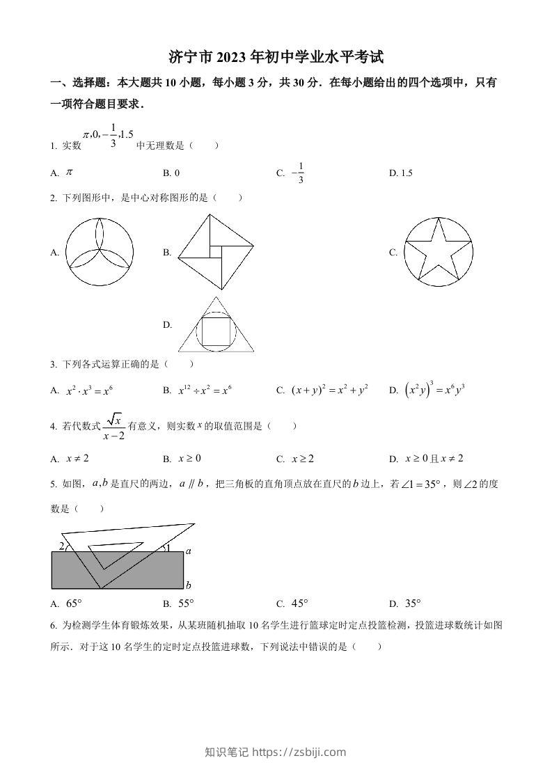 2023年山东省济宁市中考数学真题（空白卷）-知识笔记