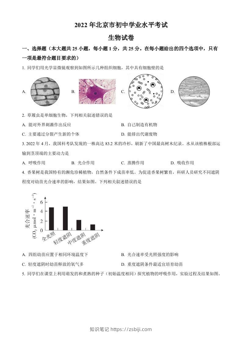 2022年北京市中考生物真题（空白卷）-知识笔记