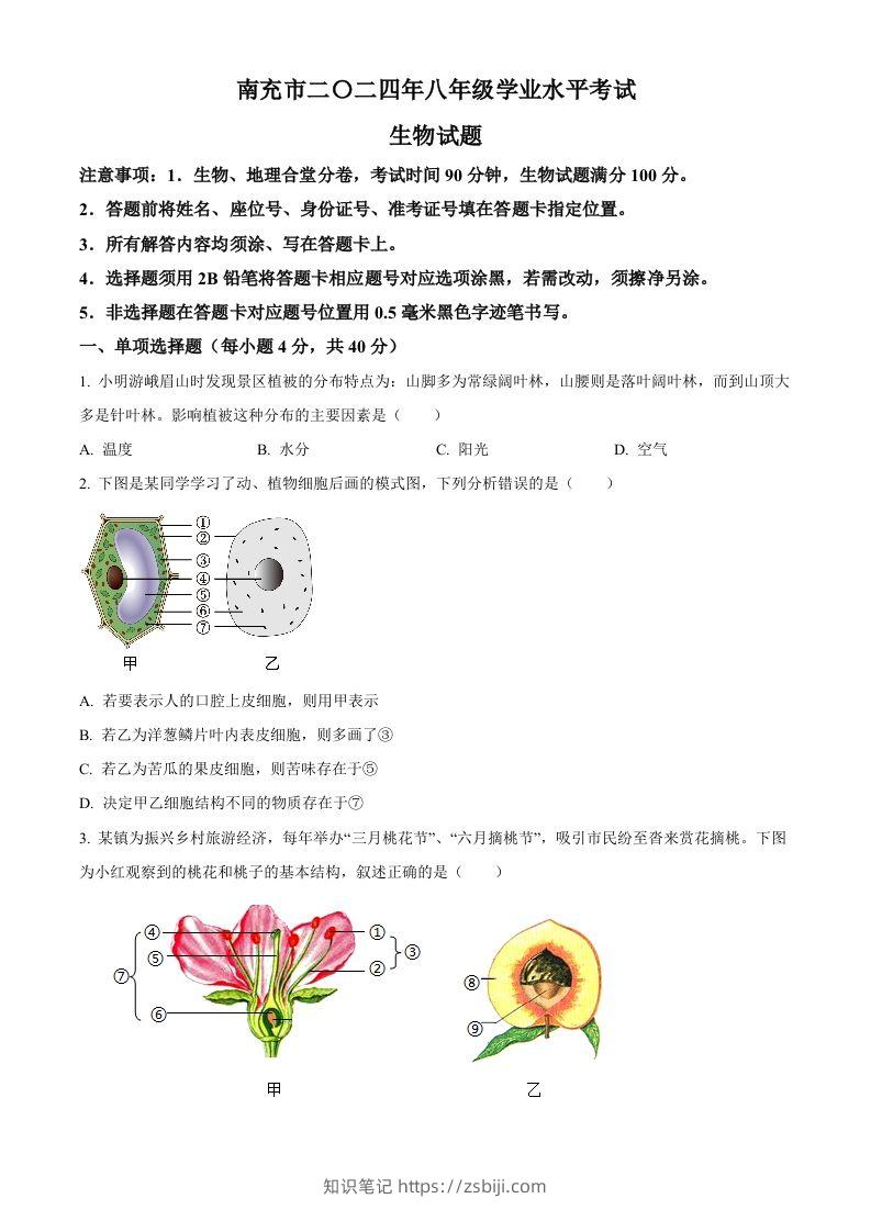 2024四川省南充市中考生物真题（空白卷）-知识笔记