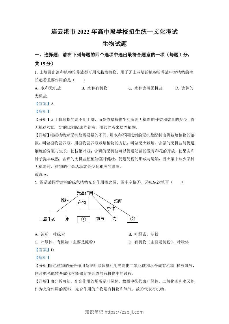 2022年江苏省连云港市中考生物真题（含答案）-知识笔记