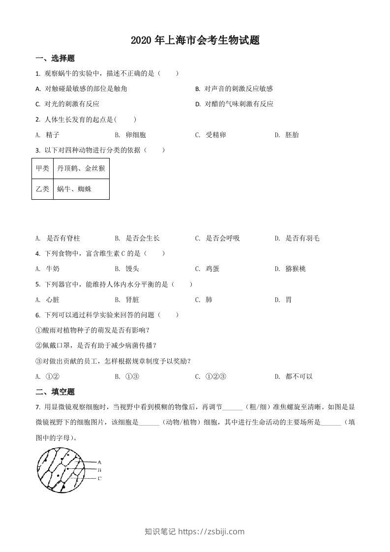 2020年上海市会考生物试题（空白卷）-知识笔记