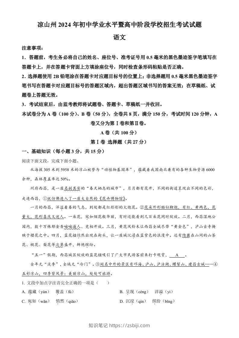 2024年四川省凉山州中考语文真题（含答案）-知识笔记