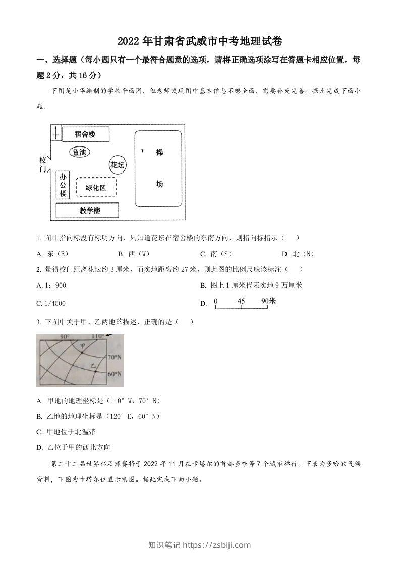 2022年甘肃省武威市中考地理真题（空白卷）-知识笔记