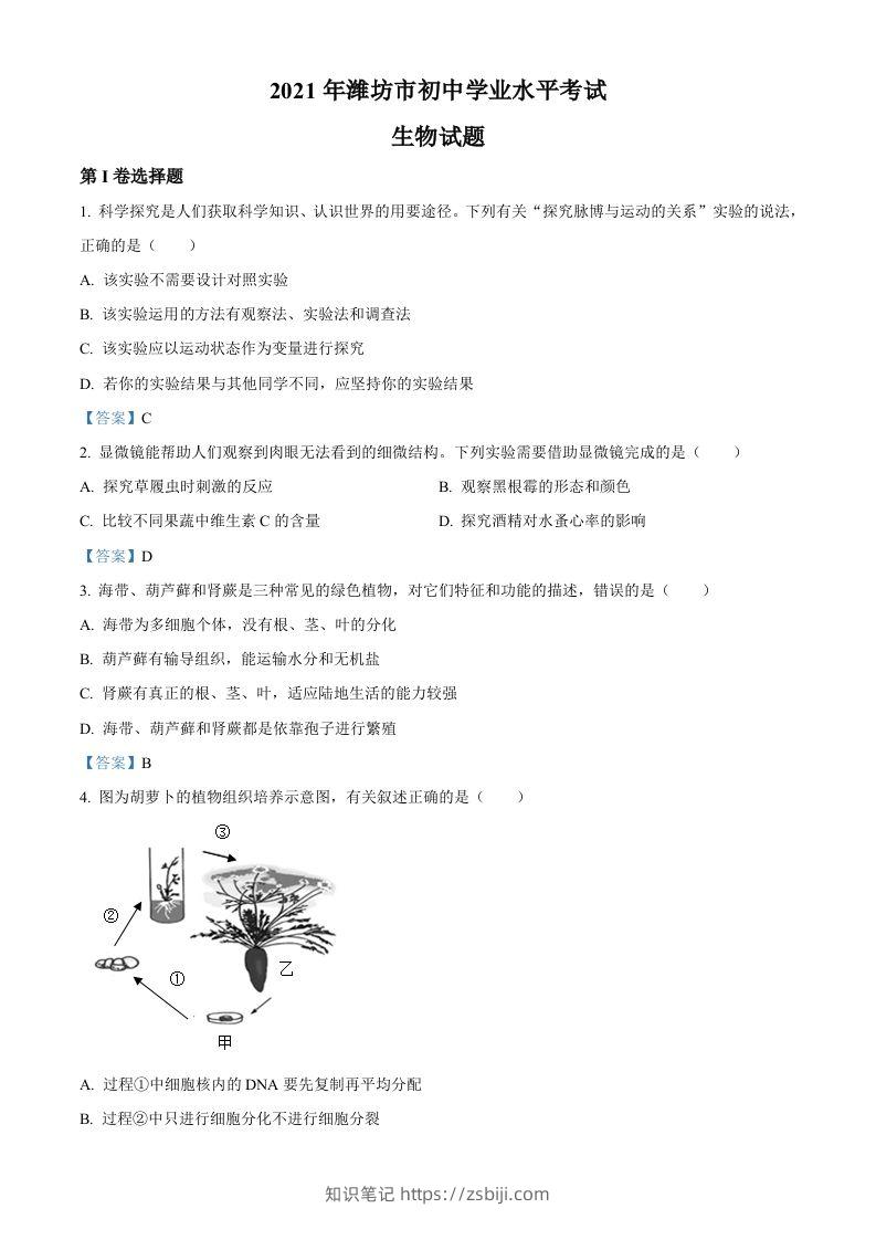 2021年山东省潍坊市中考生物试题-知识笔记