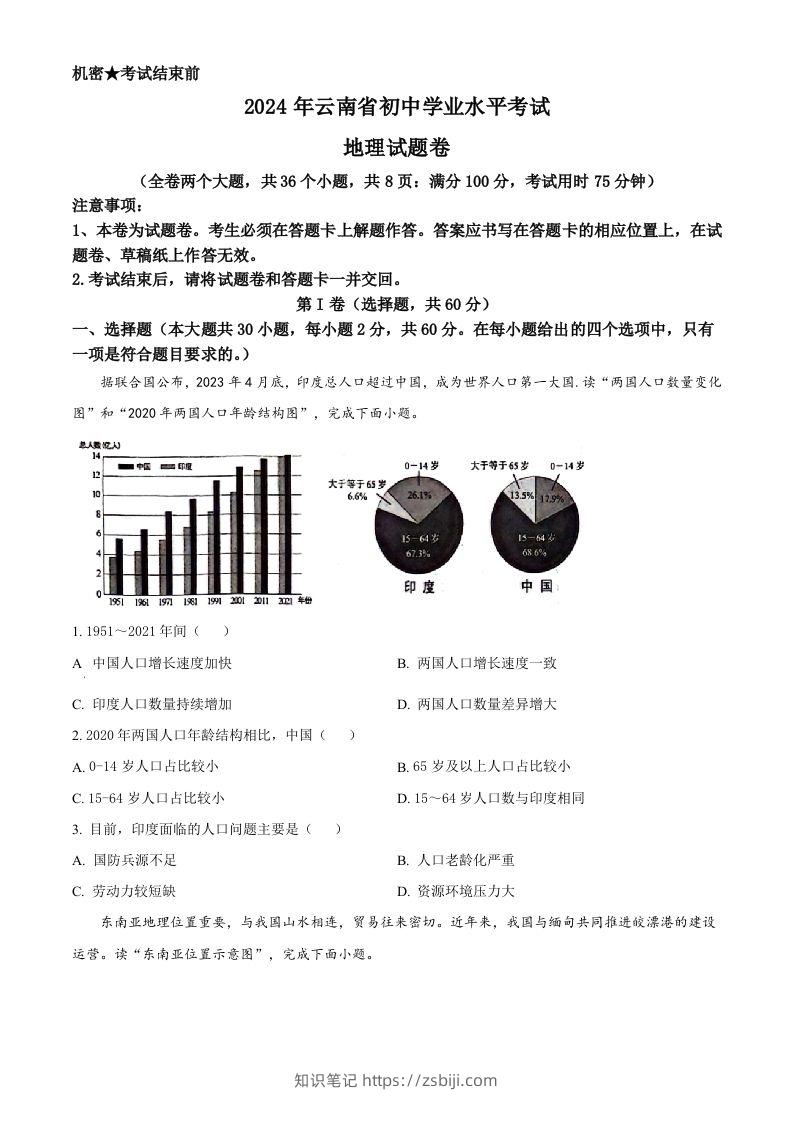 2024年云南省中考地理试题（空白卷）-知识笔记