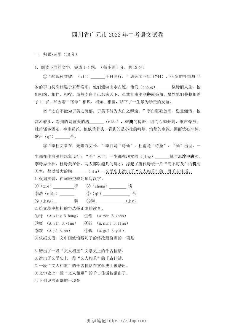 2022年四川省广元市中考语文试卷及答案-知识笔记