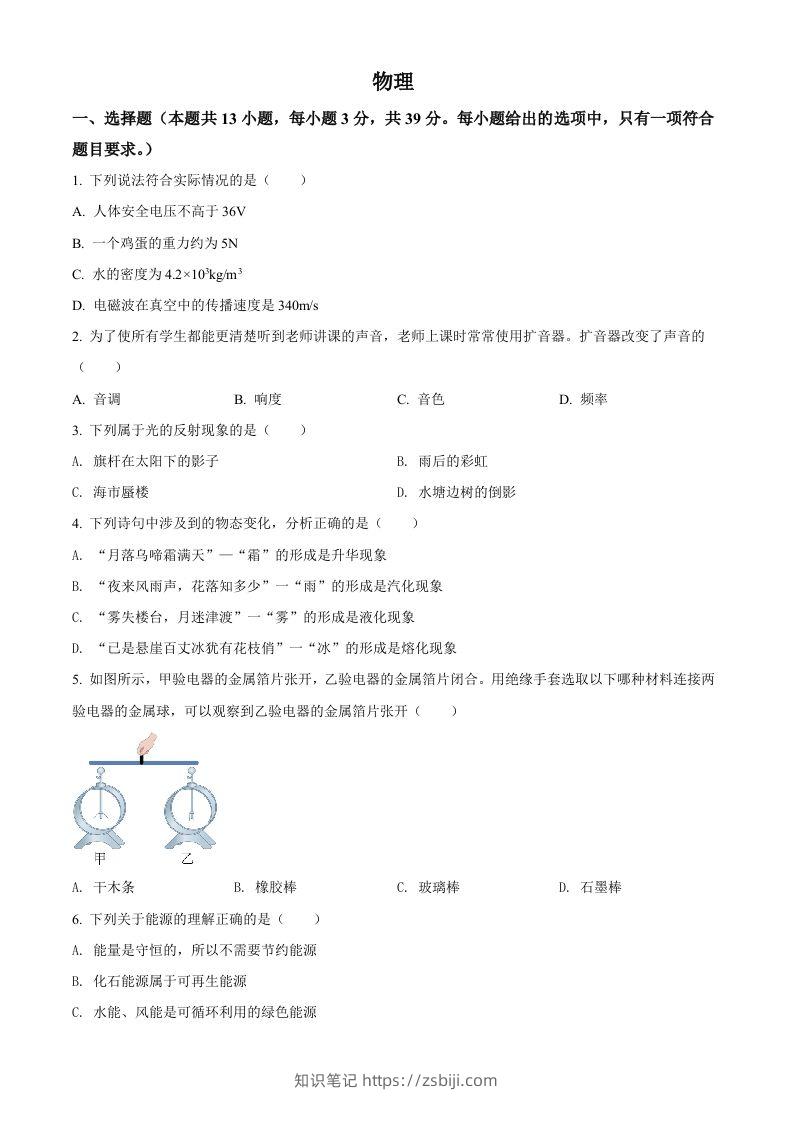2022年湖南省郴州市中考物理试题（空白卷）-知识笔记