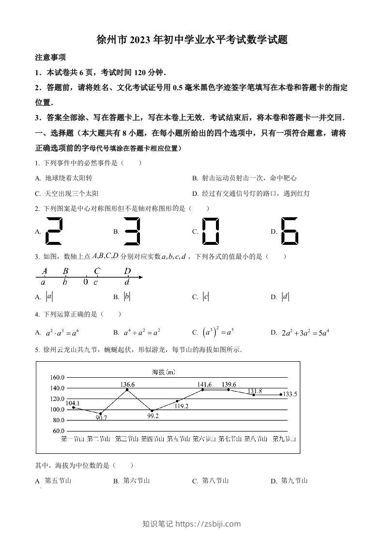 2023年江苏省徐州市中考数学真题（空白卷）(1)-知识笔记