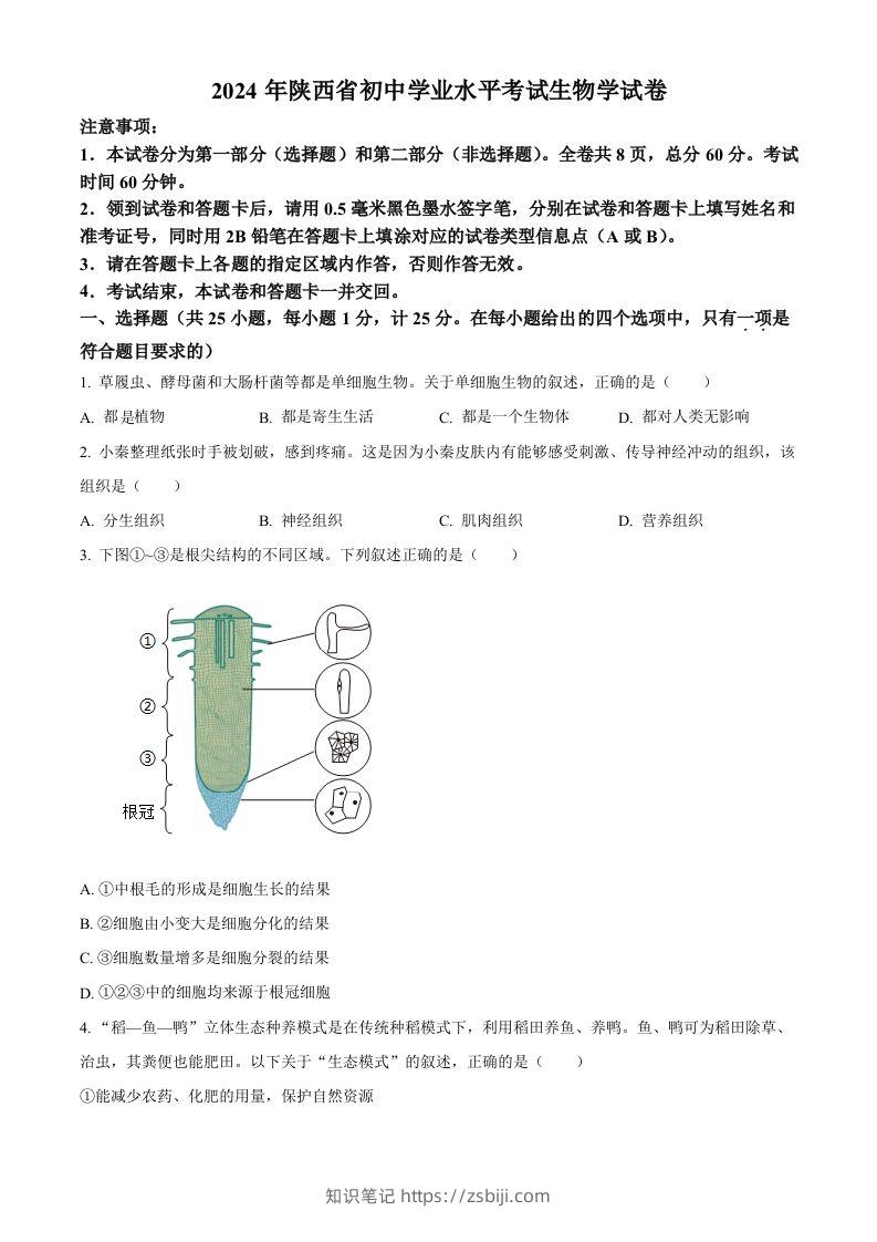 2024年陕西省中考生物真题（空白卷）-知识笔记